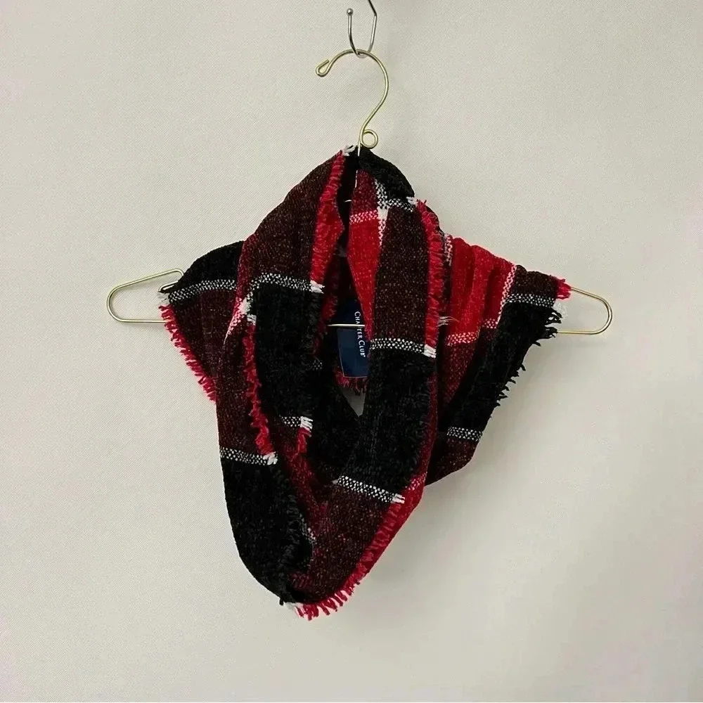 Charter Club Chenille Infinity Scarf Black Red Multi Plaid Woven Loop Fringed